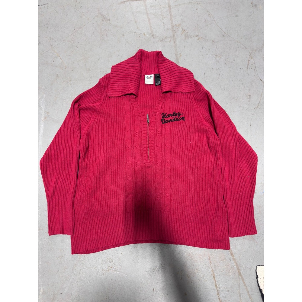 Harley Davidson Red Ribbed Quarter Zip Sweater Embroidered Unisex 3W Red
